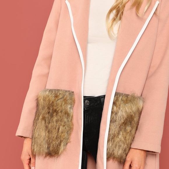 Pink Midi Coat with Faux Fur Pockets - Picture 6 of 9